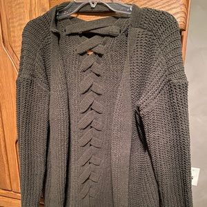 Super soft, cardigan type sweater, average length. Never worn, zero snags.